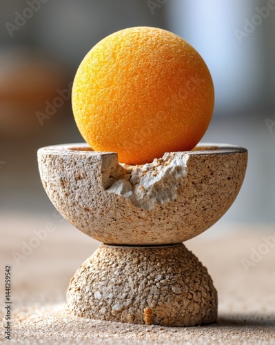 Obraz na płótnie A striking yellow sphere sits atop a creatively crafted stone base, contrasting soft color with rugged texture. The scene captures a warm ambiance, perfect for interior decor enthusiasts. w salonie