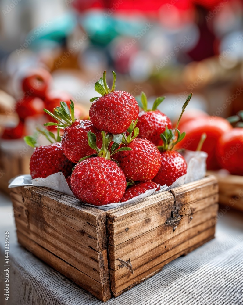 Bright red strawberries are stacked in a charming wooden basket, drawing attention amidst a bustling farmers market filled with fresh produce and cheerful shoppers enjoying the summer vibe.