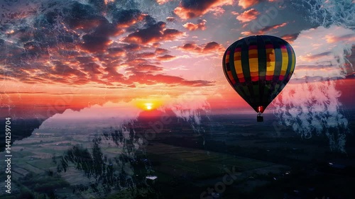 Multicolored balloons flying over misty mountains at sunset. Ocean waves. Double exposure. Cinematic. Generated AI.