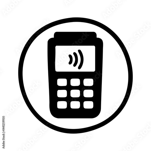 Black icon of a wireless contactless POS terminal enclosed in a circle, symbolizing modern touch-free payment technology.