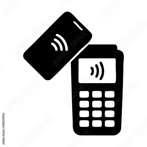 Black icon showing a smartphone tapping on a POS terminal to make a wireless, contactless payment using NFC technology.