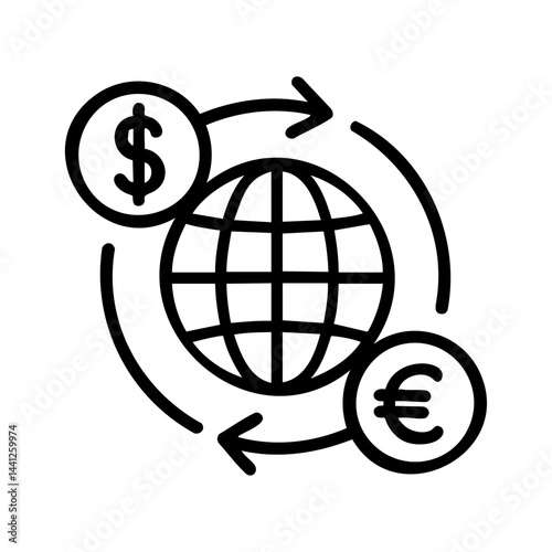 Simple black line icon showing a globe with dollar and euro symbols, representing international money transfer, exchange, and finance services.