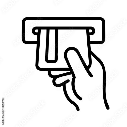 Minimal line icon showing a hand inserting a credit or debit card into an ATM machine for banking, payment, or withdrawal.