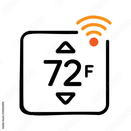 Minimal black and orange line icon showing a smart thermostat with Wi-Fi connectivity, representing remote temperature control, smart home technology, and energy efficiency.