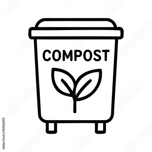Minimal black line icon of a compost bin with a leaf symbol, representing organic waste recycling, sustainability, eco-friendly lifestyle, and green practices.