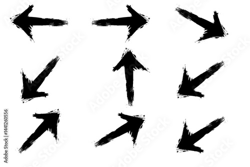 Set hand painted arrows - vector illustration with spontaneous painted straight and bent lines with arrowhead - isolated single objects on white paper background graphic design with unevens and unique