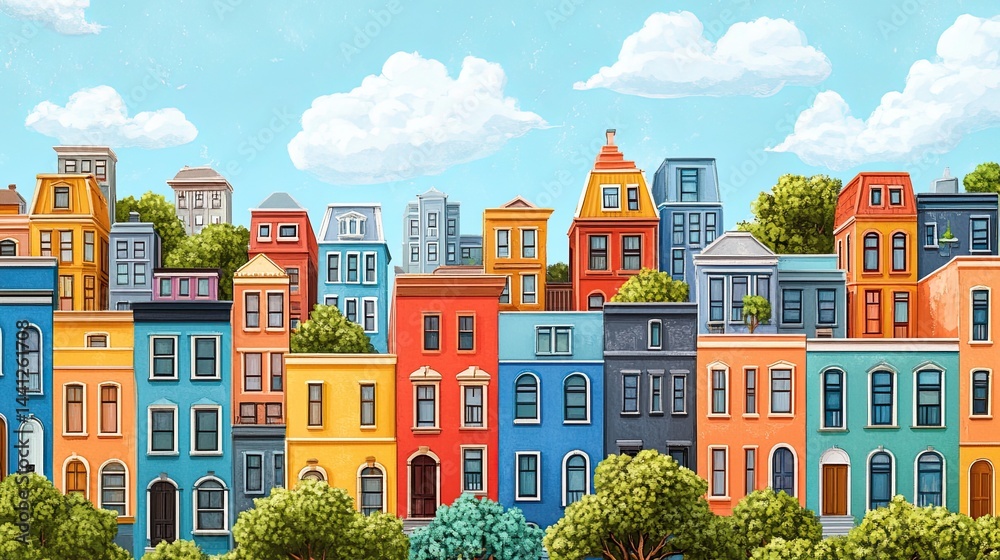 Colorful Pixelated Houses with Varying Designs in a Whimsical Neighborhood Illustration, Featuring Playful Architecture. Colorful Pixelated Houses with Varying Designs in a Whimsical Neighborhood Illustration, Featuring Playful Architecture.