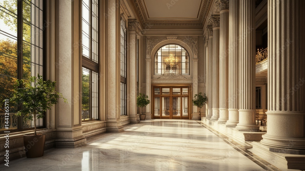 Obraz premium Grandiose Architectural Hallway: Sunlight Illuminates Elegant Columns and Windows