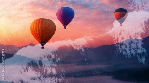 Multicolored balloons flying over misty mountains at sunset. Ocean waves. Double exposure. Cinematic. Generated AI.
