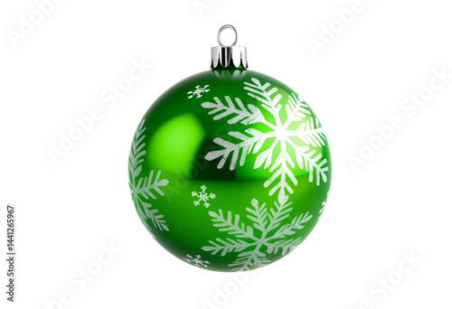 Glossy Green Christmas Ornament with White Snowflake Design.