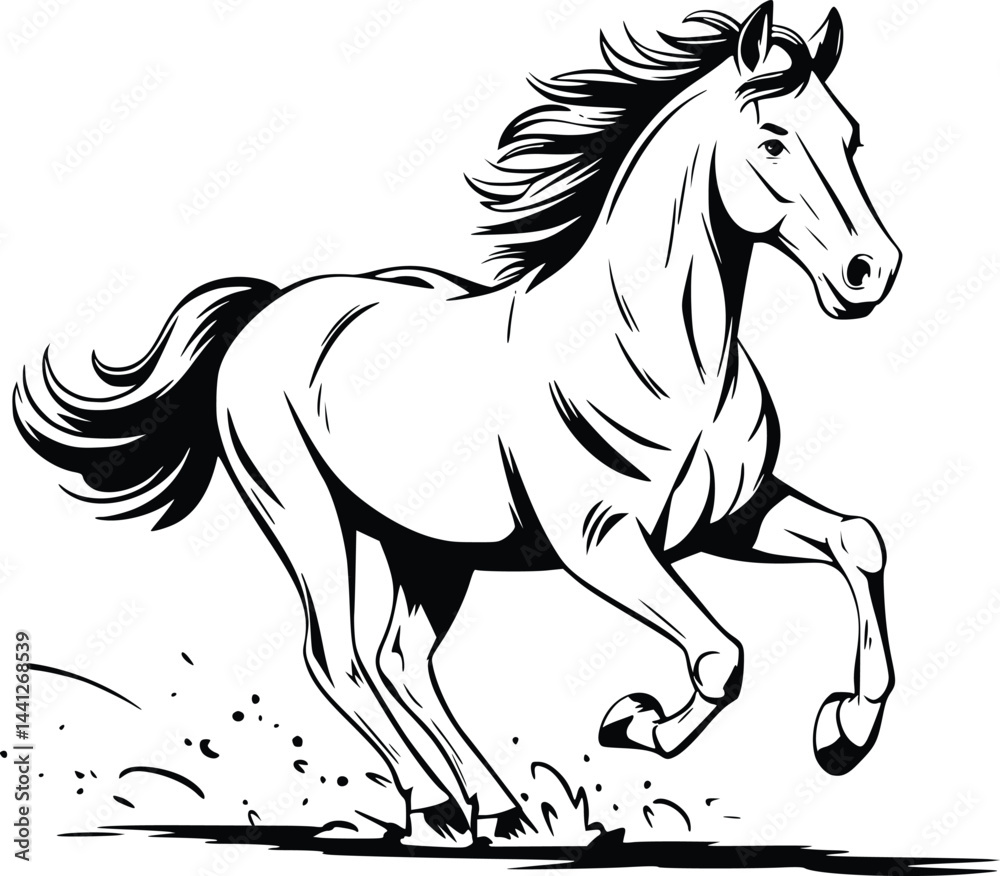 Obraz premium Black and white bold vector of a running horse, isolated on white background.