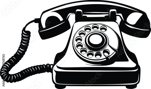 Black and white bold vector of a classic telephone, isolated on white background.
