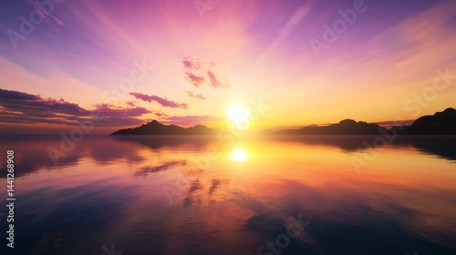 Spectacular colorful sunset over the ocean with gentle waves and soft light reflecting on the calm surface of the water at dusk