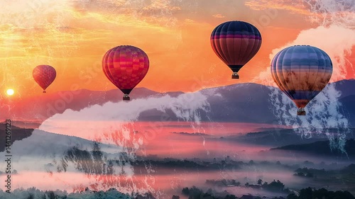 Multicolored balloons flying over misty mountains at sunset. Ocean waves. Double exposure. Cinematic. Generated AI.