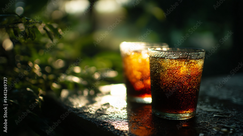 Glasses of iced soda with condensation in garden setting.