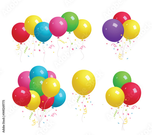 Birthday balloons floating clipart set. Bunch of colorful balloon clip art elements for birth day party decoration in white background vector illustration. 
