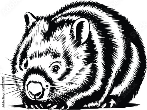 Black and white bold vector of a wombat resting, isolated on white background.