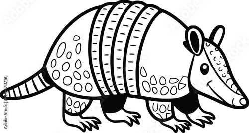 Black and white bold vector of a armadillo walking, isolated on white background.