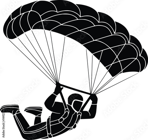 Black and white bold vector of a skydiver freefall, isolated on white background.