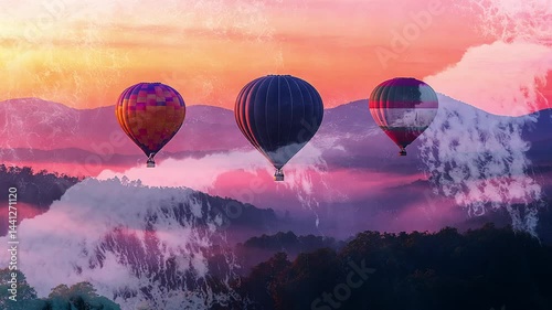 Multicolored balloons flying over misty mountains at sunset. Ocean waves. Double exposure. Cinematic. Generated AI.