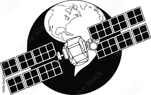 Black and white bold vector of a satellite orbiting earth, isolated on white background.