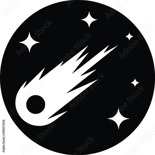 Black and white bold vector of a comet in night sky, isolated on white background.