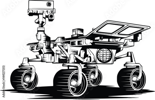 Black and white bold vector of a mars rover, isolated on white background.