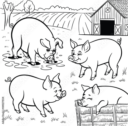 Bold black and white hand-drawn illustrations of 4 pigs doodling rolling in mud, oinking happily, running through fields, and resting in barns, isolated on white.
