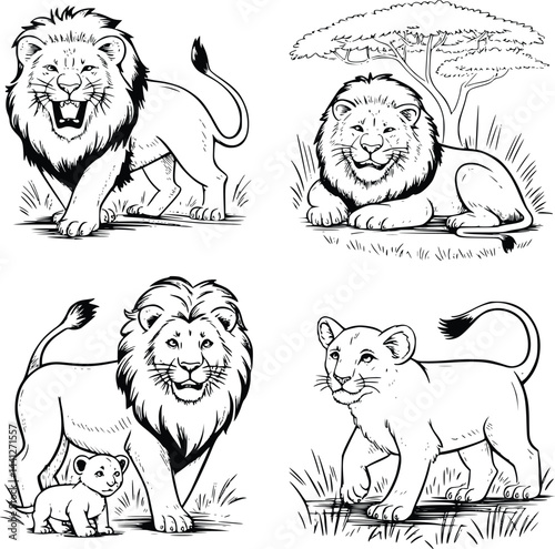 Bold black and white hand-drawn illustrations of 4 lions doodling roaring in the savanna, resting under trees, playing with cubs, and prowling through grasslands, isolated on white.