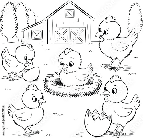 Bold black and white hand-drawn illustrations of 4 cute chicks doodling pecking at eggs, sitting in nests, running around barns, and hatching from eggs, isolated on white.