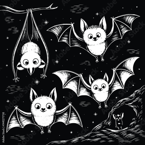 Bold black and white hand-drawn illustrations of 4 funny bats doodling hanging upside down, flying in the night, exploring caves, and swooping through the sky, isolated on white.