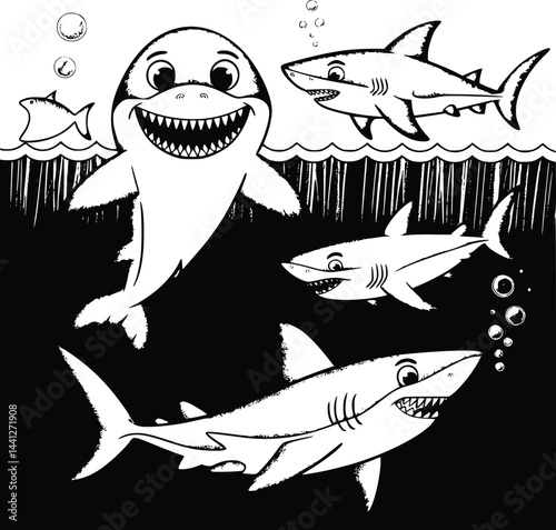 Bold black and white hand-drawn illustrations of 4 cute sharks doodling swimming through the ocean, chasing fish, showing sharp teeth, and playing with bubbles, isolated on white.