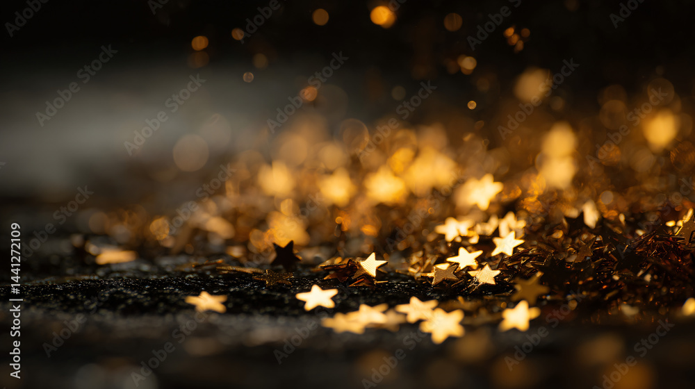 Glistening gold stars sparkle, creating a magical and celebratory atmosphere