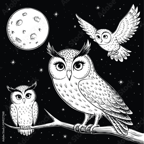 Bold black and white hand-drawn illustrations of 4 playful owls doodling perched on branches, hooting at the moon, and flying through the night sky, isolated on white.