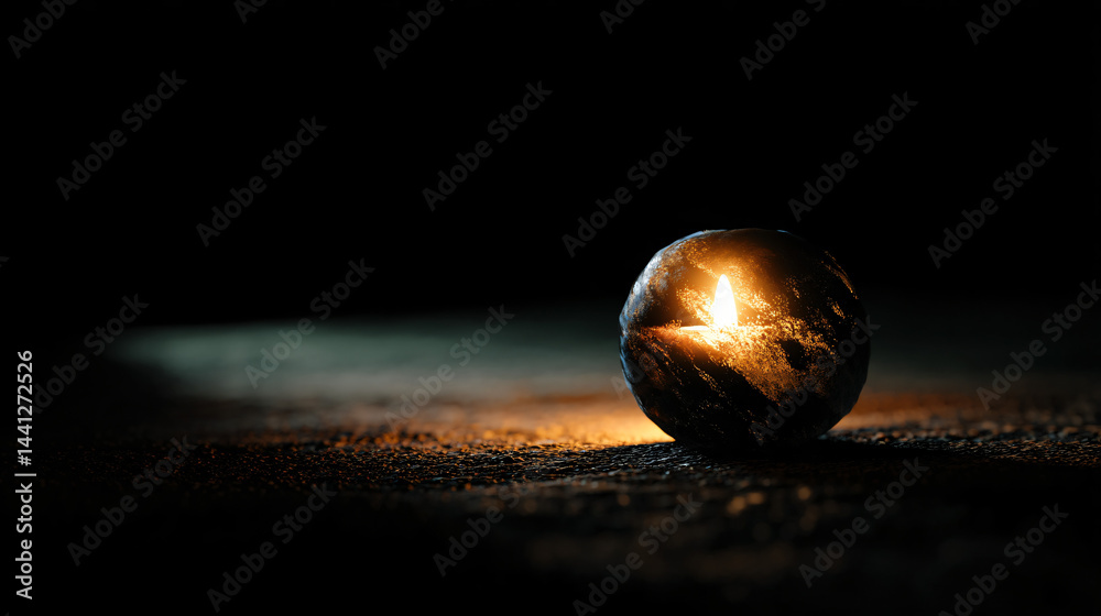 Globe candle burns on dark ground