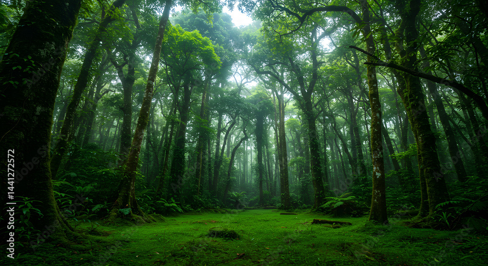 Obraz premium Enchanting Green Forest Landscape with Mossy Trees and Mystical Atmosphere