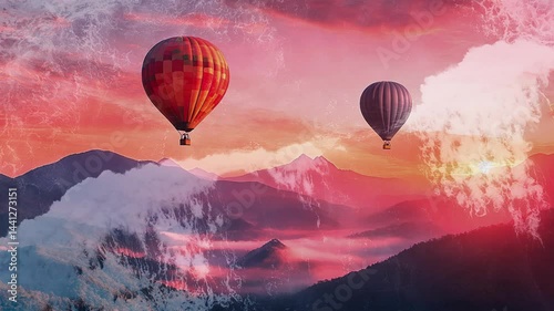 Multicolored balloons flying over misty mountains at sunset. Ocean waves. Double exposure. Cinematic. Generated AI.