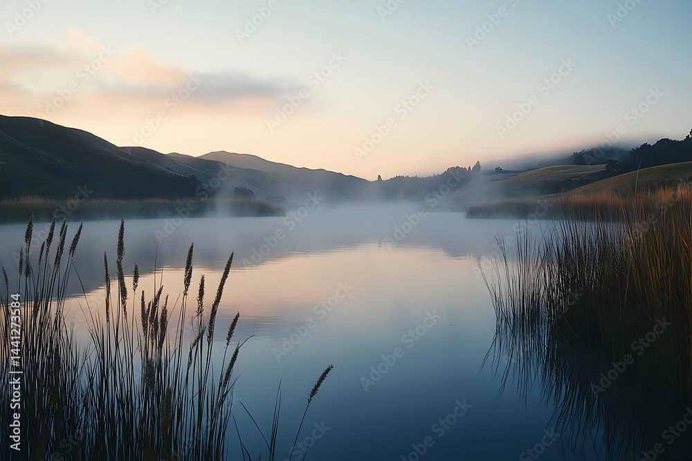 Tranquil lake at dawn, reflecting a hazy sky. Tranquil lake at dawn, reflecting a hazy sky.