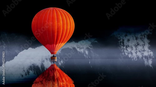 Multicolored balloons flying over misty mountains at sunset. Ocean waves. Double exposure. Cinematic. Generated AI.