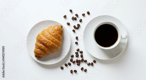 Coffee and Croissant Flatlay Image with Simple Top-Down Composition of Black Brew, Flaky Pastry and Coffee Beans on Clean White Background for Culinary Content