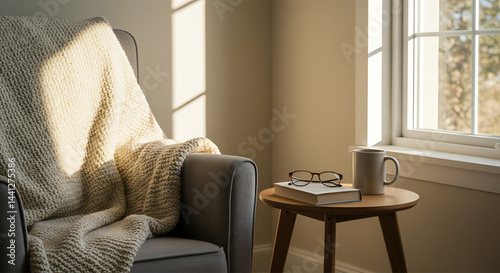 Cozy Reading Nook by Sunlit Window Featuring Plush Armchair, Knitted Throw, Book and Steaming Mug on Wooden Side Table in Warm Lifestyle Photograph