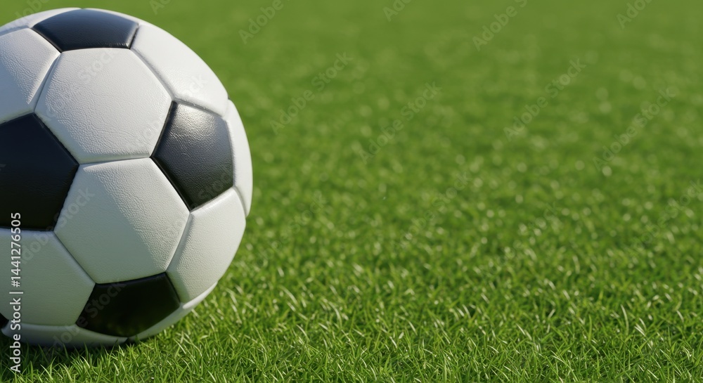 Fototapeta premium Classic Soccer Ball on Lush Green Grass: A Close-Up View of a Football Ready for Action on a Well-Maintained Pitch