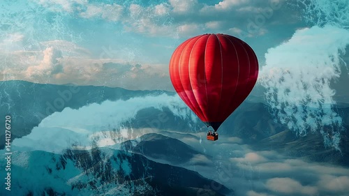 Multicolored balloons flying over misty mountains at sunset. Ocean waves. Double exposure. Cinematic. Generated AI.
