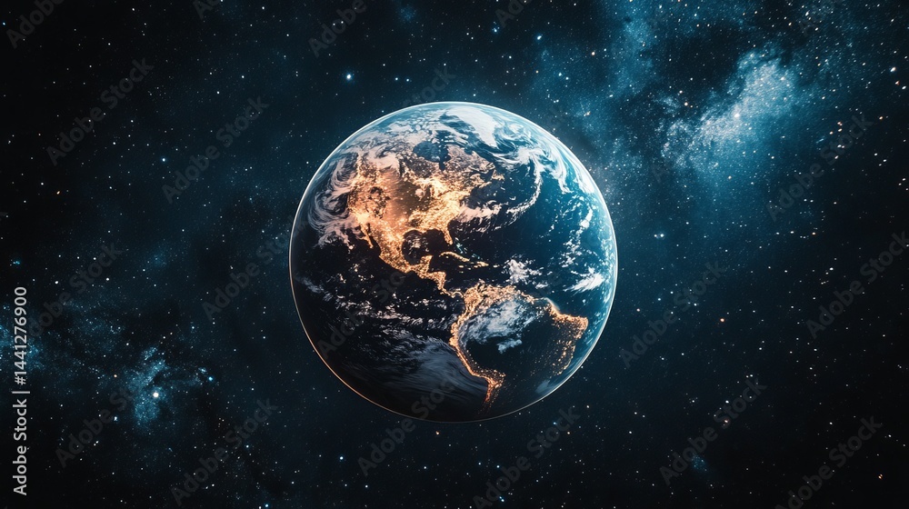 Naklejka premium Stunning Earth Planet Night View Space Galaxy Cosmic Background Digital Art Illustration High Resolution Image Detailed Planet Earth Night View from Space Beautiful Planet Earth 