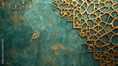 Golden Arabesque Design on Teal Background