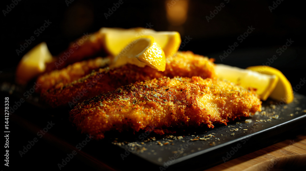 Golden breaded fish fillets served with lemon wedges, crispy perfection.