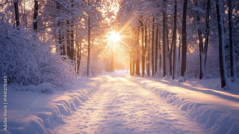 Naklejka premium Winter Wonderland: Sunlit Snow Path