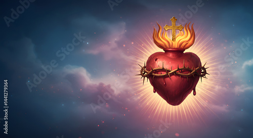 Sacred Heart of Jesus with Crown of Thorns on Cloudy Sky
