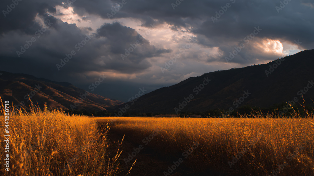 Golden field leading to mountains under dramatic clouds.
