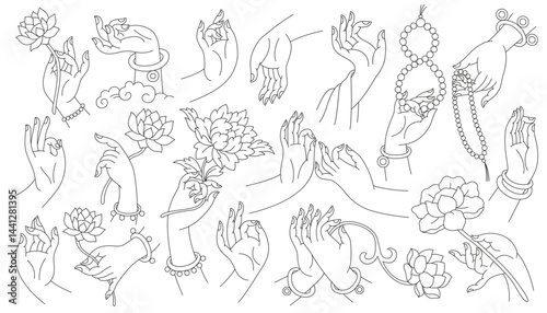 Buddha hands, gestures, religious buddhist symbols. Collection of of outline graceful hands and flowers. Mudra, lotuses, meditation. Logo design.